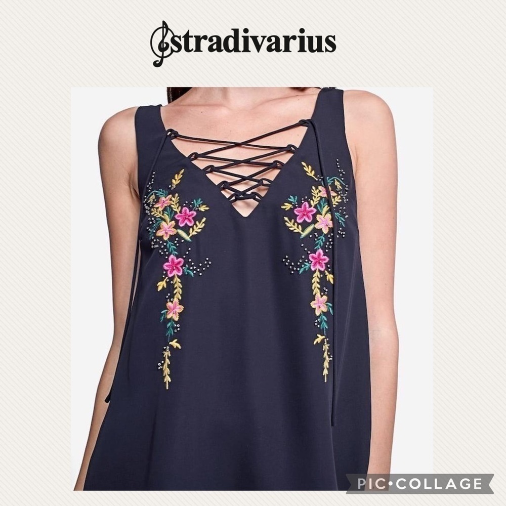 Stradivarius Black lace up embroidered top